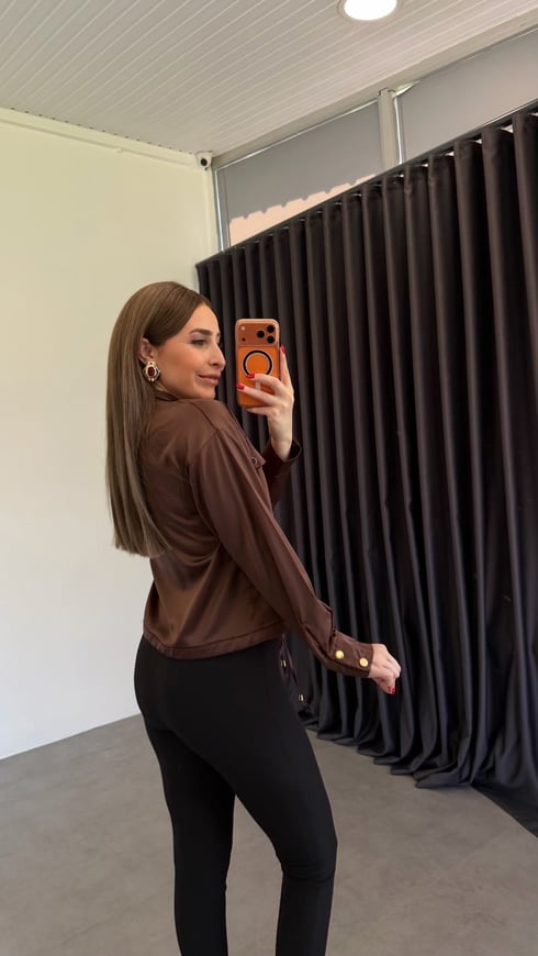 Saten Çıtçıtlı Gömlek Kahverengi