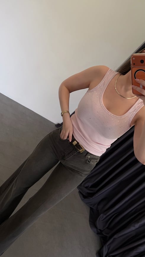 Serpe Taşlı Atlet Bluz Pembe
