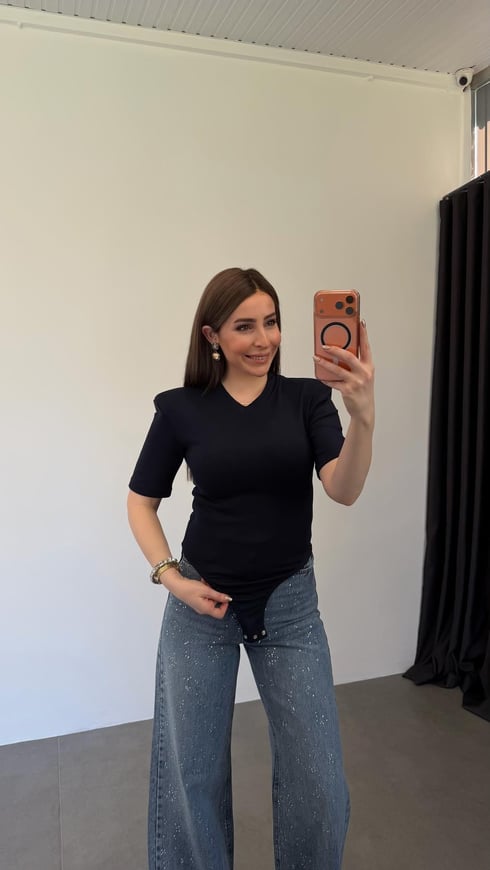 V Yaka Vatkalı Modal Bodysuit Lacivert