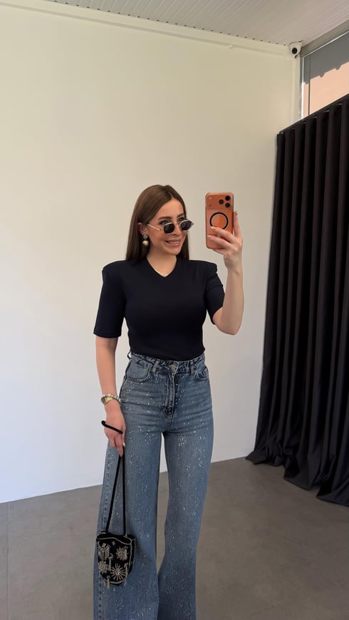 V Yaka Vatkalı Modal Bodysuit Lacivert