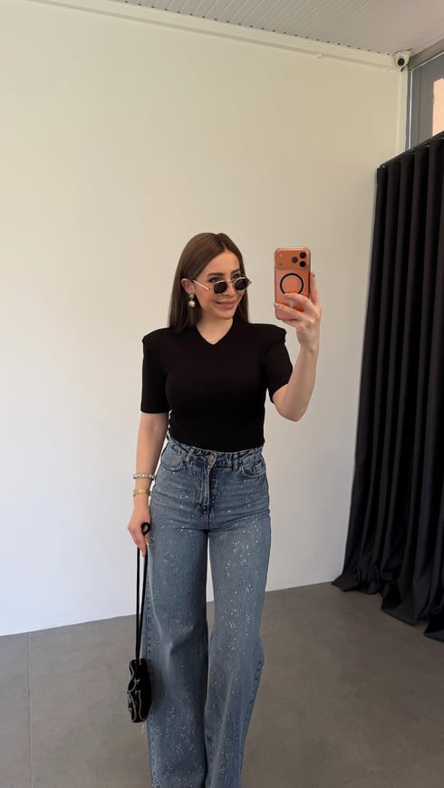 V Yaka Vatkalı Modal Bodysuit Siyah