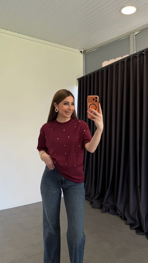 Vera Zımba Taşlı T-shirt Vişne