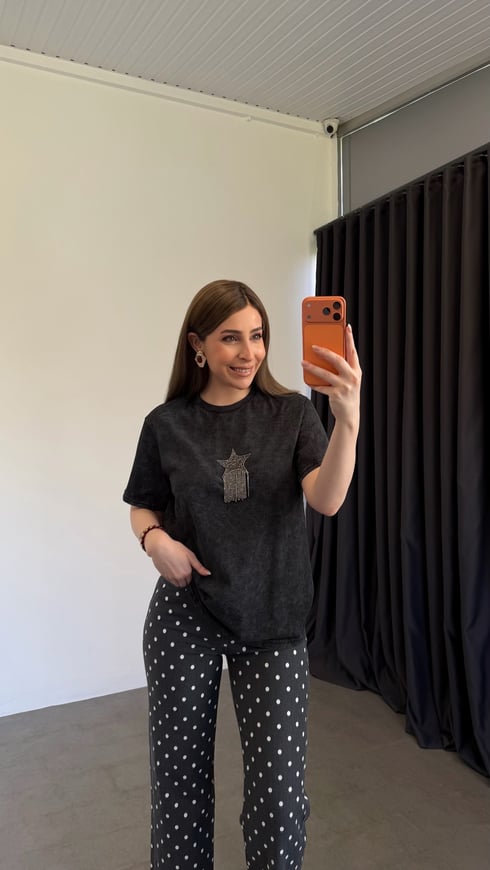 Yıldız Detaylı T-shirt Koyu Gri