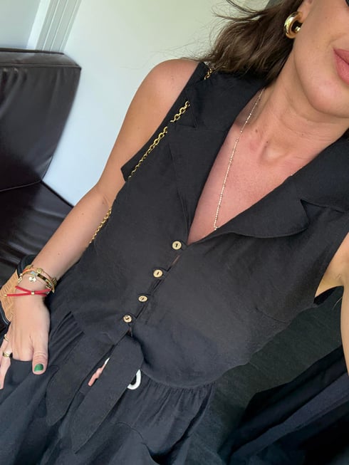 Siyah Önden Düğmeli, Arkası Lastikli Premium Tencel Yelek