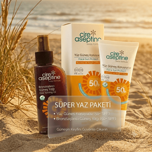 Cire Aseptine Yüz Güneş Koruyucu Krem Karma ve Yağlı ciltler 50+ SPF 50 ml + Bronzlaştırıcı Güneş Yağı Karma ve Yağlı Ciltler 90ml 