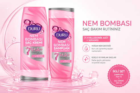 Duru Nem Bombası Güçlü & Parlak Şampuan 400 ml + Saç Kremi 385 ml Bakım Seti (2'li Set)