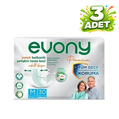 Evony Belbantlı Premıum Yetişkin Hasta Bezi M Beden 90 Adet (30'lu 3 Paket)