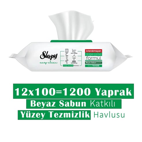 Sleepy Easy Clean Beyaz Sabun Katkılı Yüzey Temizlik Havlusu 12 Adet (1200 Yaprak)