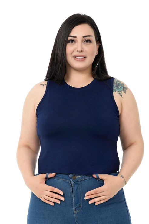 Büyük Beden Bisiklet Yaka Kolsuz Crop Viskon Lacivert Body