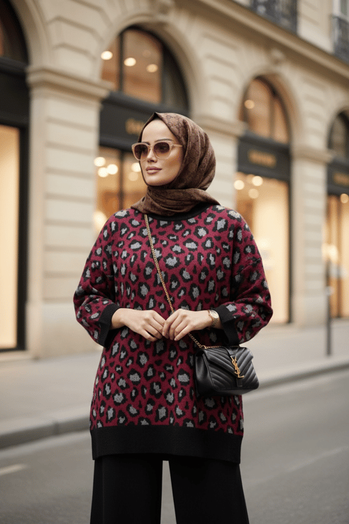 Leopar  Desenli Triko Takım Bordo