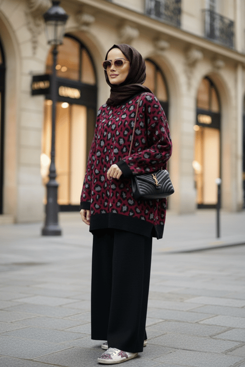 Leopar  Desenli Triko Takım Bordo