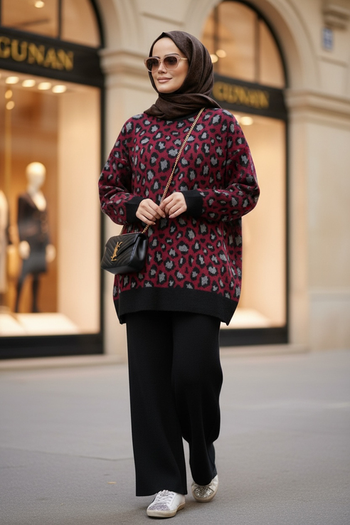 Leopar  Desenli Triko Takım Bordo