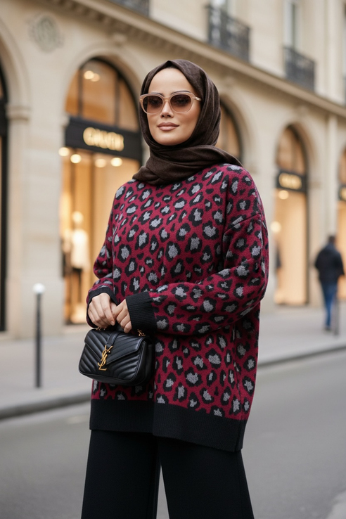 Leopar  Desenli Triko Takım Bordo