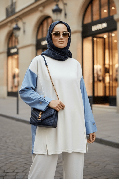 Melora Modal Kumaş Gömlek Detaylı Kadın Tesettür İkili Takım – Ekru