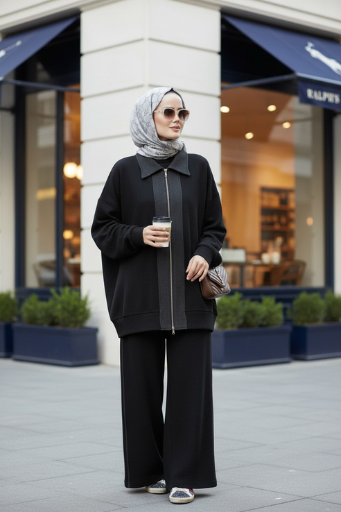 Nordic Selanik- Kaşe Detaylı  Oversize  Takım | Siyah