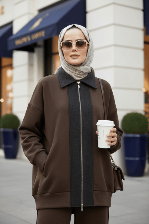 Nordic Selanik- Kaşe Detaylı  Oversize  Takım |AcıKahve