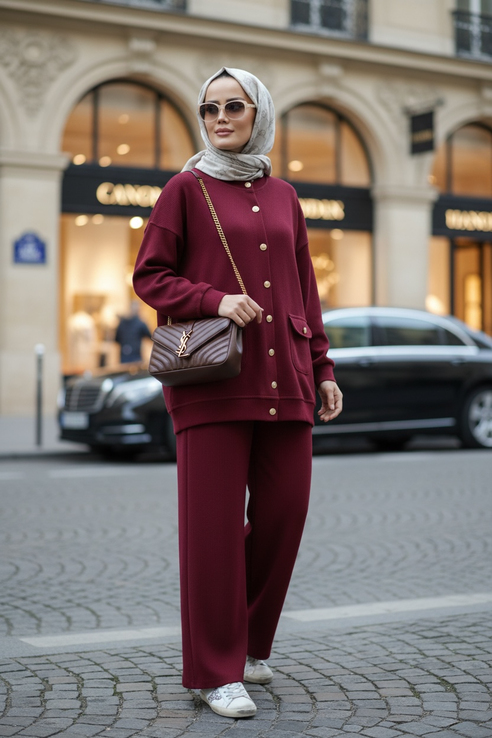 Oslo Selanik Kumaş Hırka İkili Takım – Oversize Kalıp – Kışlık Tesettür Takım Bordo