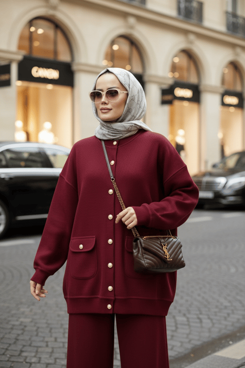 Oslo Selanik Kumaş Hırka İkili Takım – Oversize Kalıp – Kışlık Tesettür Takım Bordo