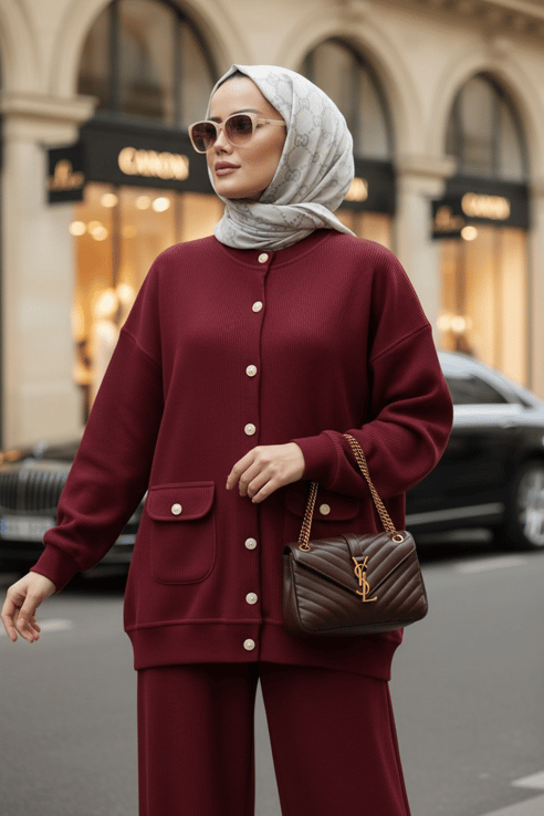 Oslo Selanik Kumaş Hırka İkili Takım – Oversize Kalıp – Kışlık Tesettür Takım Bordo