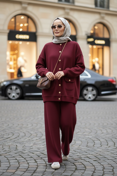Oslo Selanik Kumaş Hırka İkili Takım – Oversize Kalıp – Kışlık Tesettür Takım Bordo