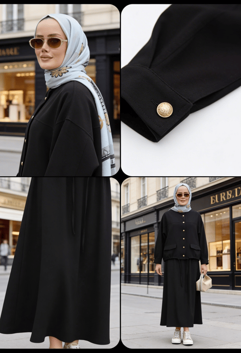 Düğmeli Gold Tensel Set-Tesettür  Etekli Takım –Siyah