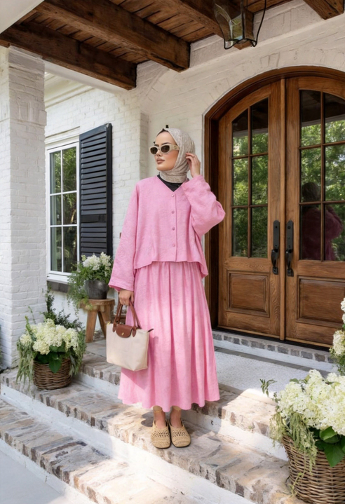 Luna Astarlı Yazlık Etekli Takım –Pembe
