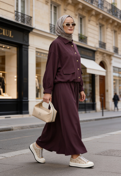 Düğmeli Gold Tensel Set-Tesettür  Etekli Takım –Bordo