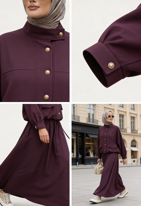 Düğmeli Gold Tensel Set-Tesettür  Etekli Takım –Bordo