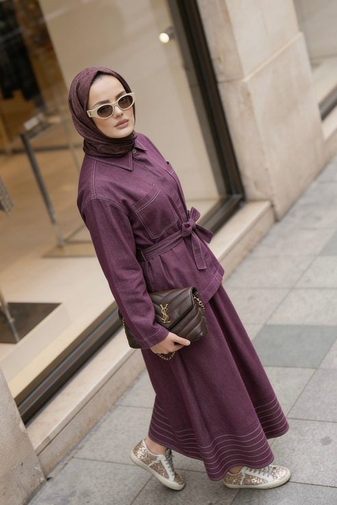 Viera Tensel Denim Görünümlü Etek Takım Bordo