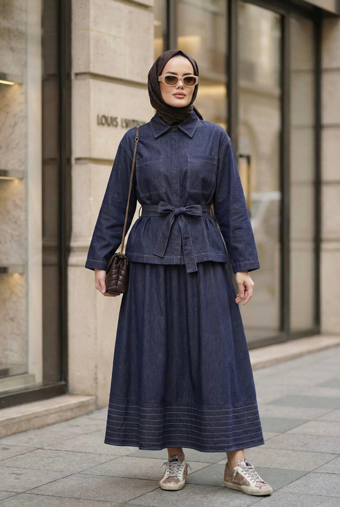 Viera Tensel Denim Görünümlü Etek Takım Mavi 