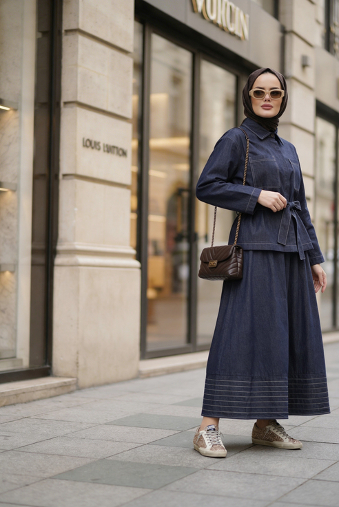 Viera Tensel Denim Görünümlü Etek Takım Mavi 