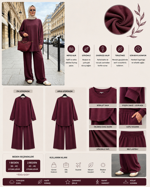 Pike Modal Oversize Pantolonlu Takım-Mürdüm