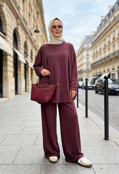 Pike Modal Oversize Pantolonlu Takım-Mürdüm