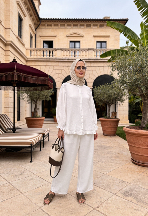 Lavin  Çilek Kumaş Fırfırlı Oversize Pantolonlu Takım-Ekru