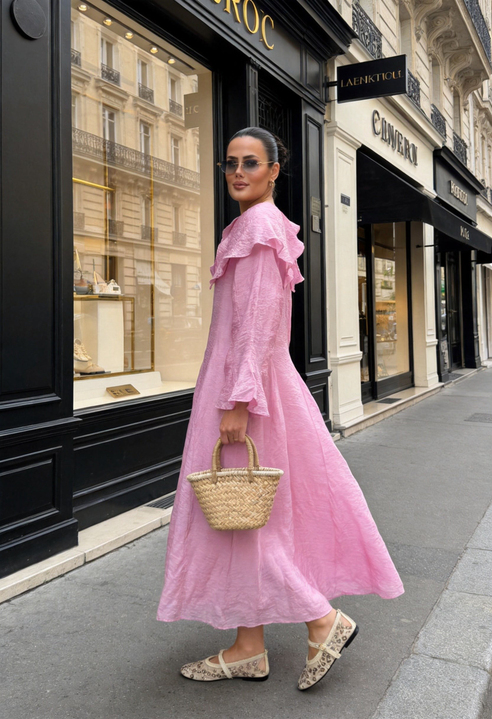 Romantik Pamuk Vual Astarlı Elbise –Pembe