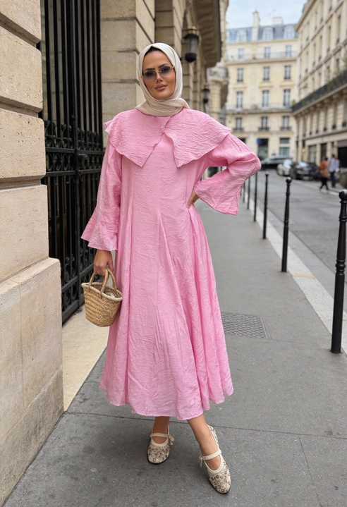 Romantik Pamuk Vual Astarlı Elbise –Pembe