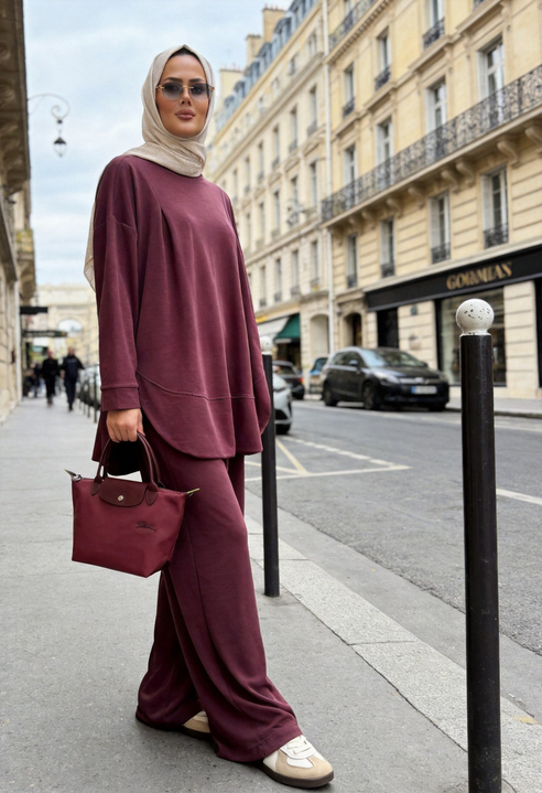 Pike Modal Oversize Pantolonlu Takım-Mürdüm