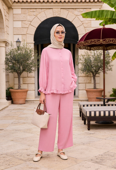 Lavin  Çilek Kumaş Fırfırlı Oversize Pantolonlu Takım-Pembe