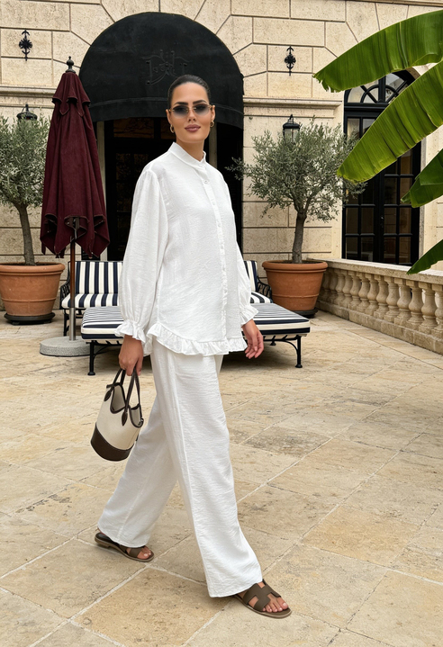 Lavin  Çilek Kumaş Fırfırlı Oversize Pantolonlu Takım-Ekru