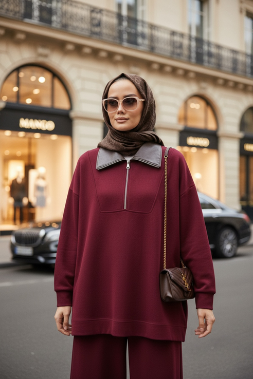 Oslo Comfort Set – Selanik Kumaş İkili Tesettür Takım Bordo
