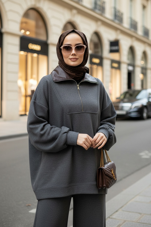 Oslo Comfort Set – Selanik Kumaş İkili Tesettür Takım Antrasit