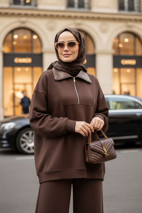 Oslo Comfort Set – Selanik Kumaş İkili Tesettür Takım Acıkahve