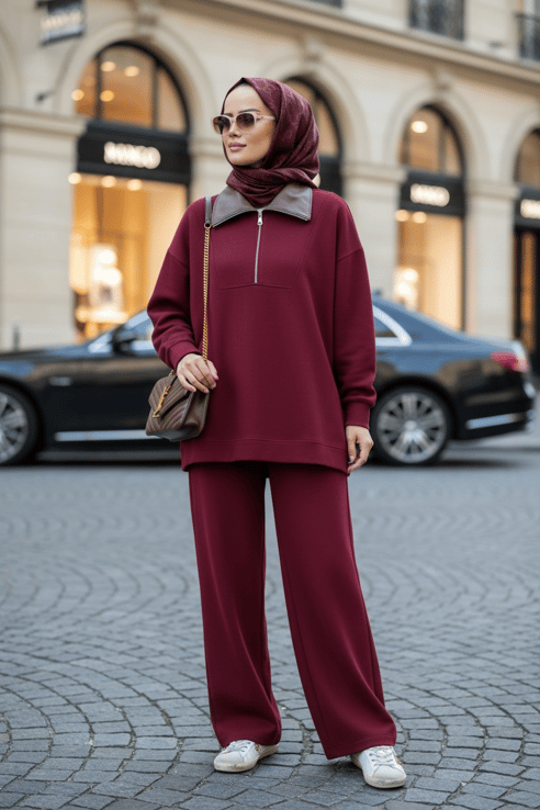 Oslo Comfort Set – Selanik Kumaş İkili Tesettür Takım Bordo