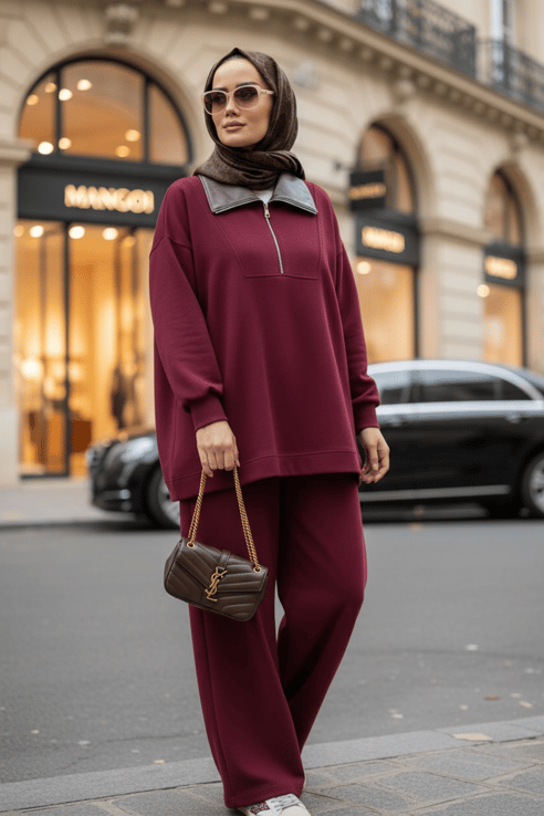 Oslo Comfort Set – Selanik Kumaş İkili Tesettür Takım Bordo