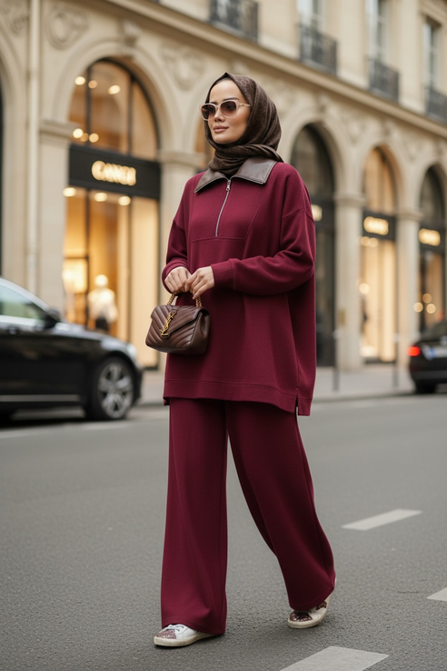 Oslo Comfort Set – Selanik Kumaş İkili Tesettür Takım Bordo