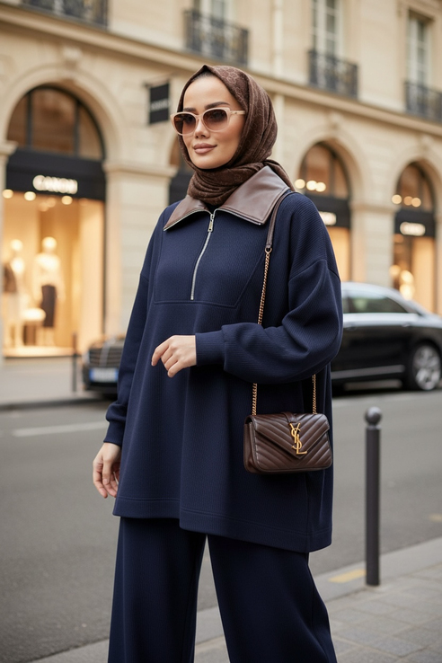Oslo Comfort Set – Selanik Kumaş İkili Tesettür Takım Lacivert