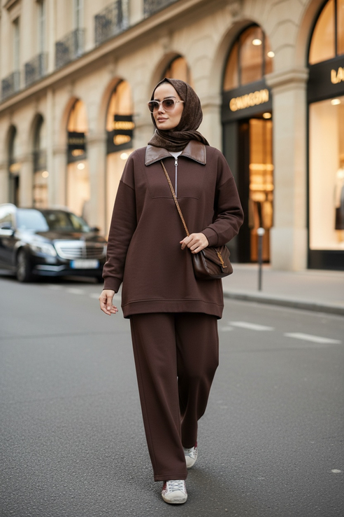Oslo Comfort Set – Selanik Kumaş İkili Tesettür Takım Acıkahve