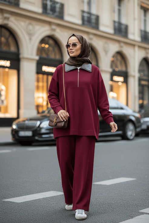 Oslo Comfort Set – Selanik Kumaş İkili Tesettür Takım Bordo