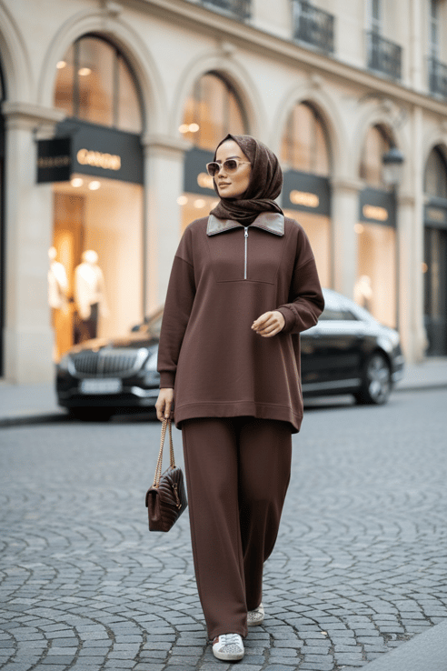 Oslo Comfort Set – Selanik Kumaş İkili Tesettür Takım Acıkahve