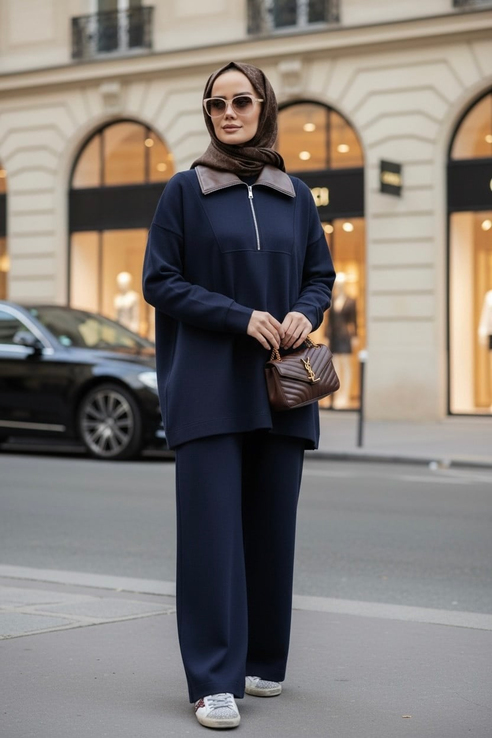 Oslo Comfort Set – Selanik Kumaş İkili Tesettür Takım Lacivert